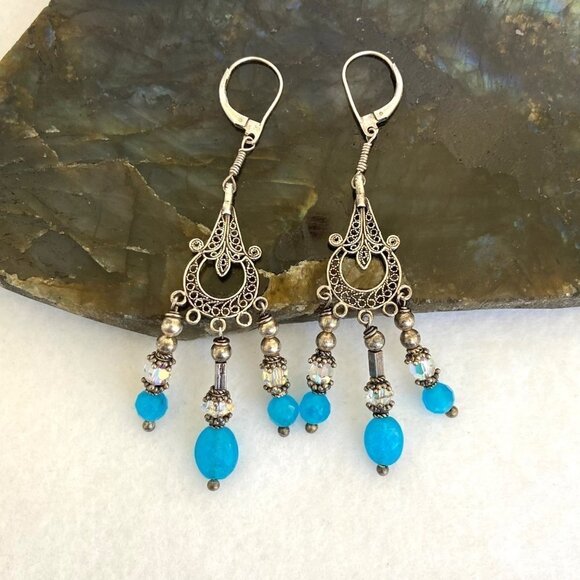 Sterling Silver 925 Blue Glass Beaded Filigree Fringe Chandelier Dangle Earrings - Picture 1 of 15